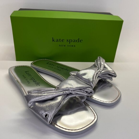Kate Spade Bikini Silver Flat Sandals Size 9B Neoprene Bow Slip-On Casual - Picture 1 of 15